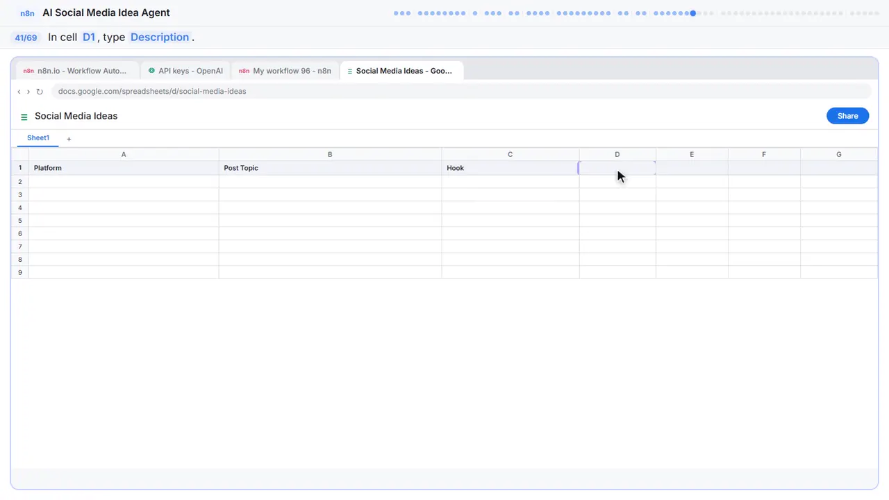 Google Sheets in Stepthrough’s practice copy, step 41 of 69 (Description): the cursor is on “D1”, highlighted.