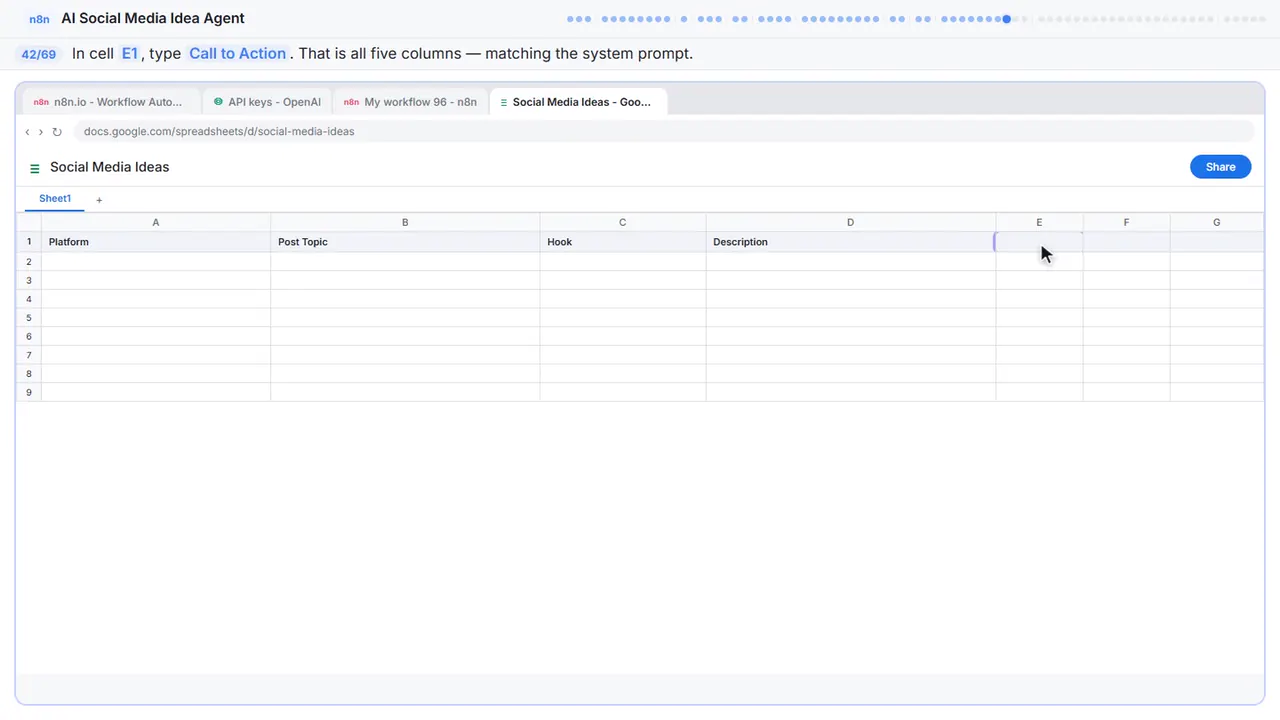 Google Sheets in Stepthrough’s practice copy, step 42 of 69 (Call to Action): the cursor is on “E1”, highlighted.