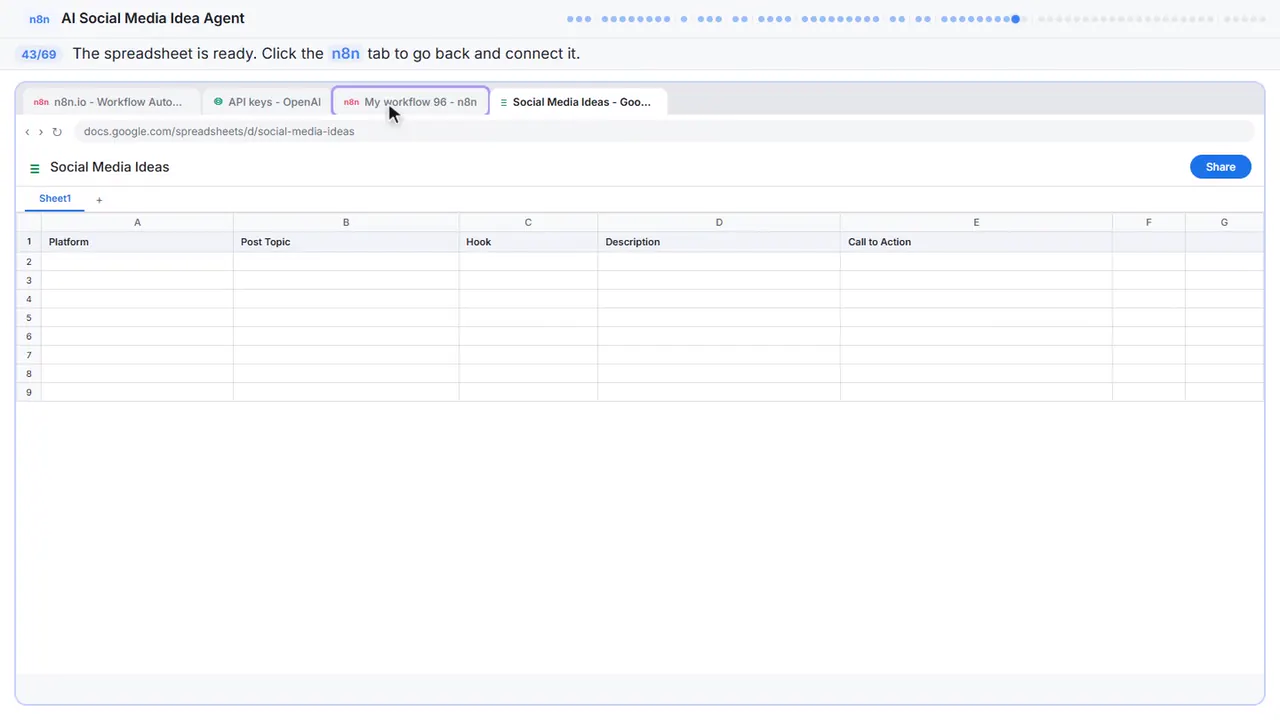 Google Sheets in Stepthrough’s practice copy, step 43 of 69 (Back to n8n): the cursor is on “n8n”, highlighted.
