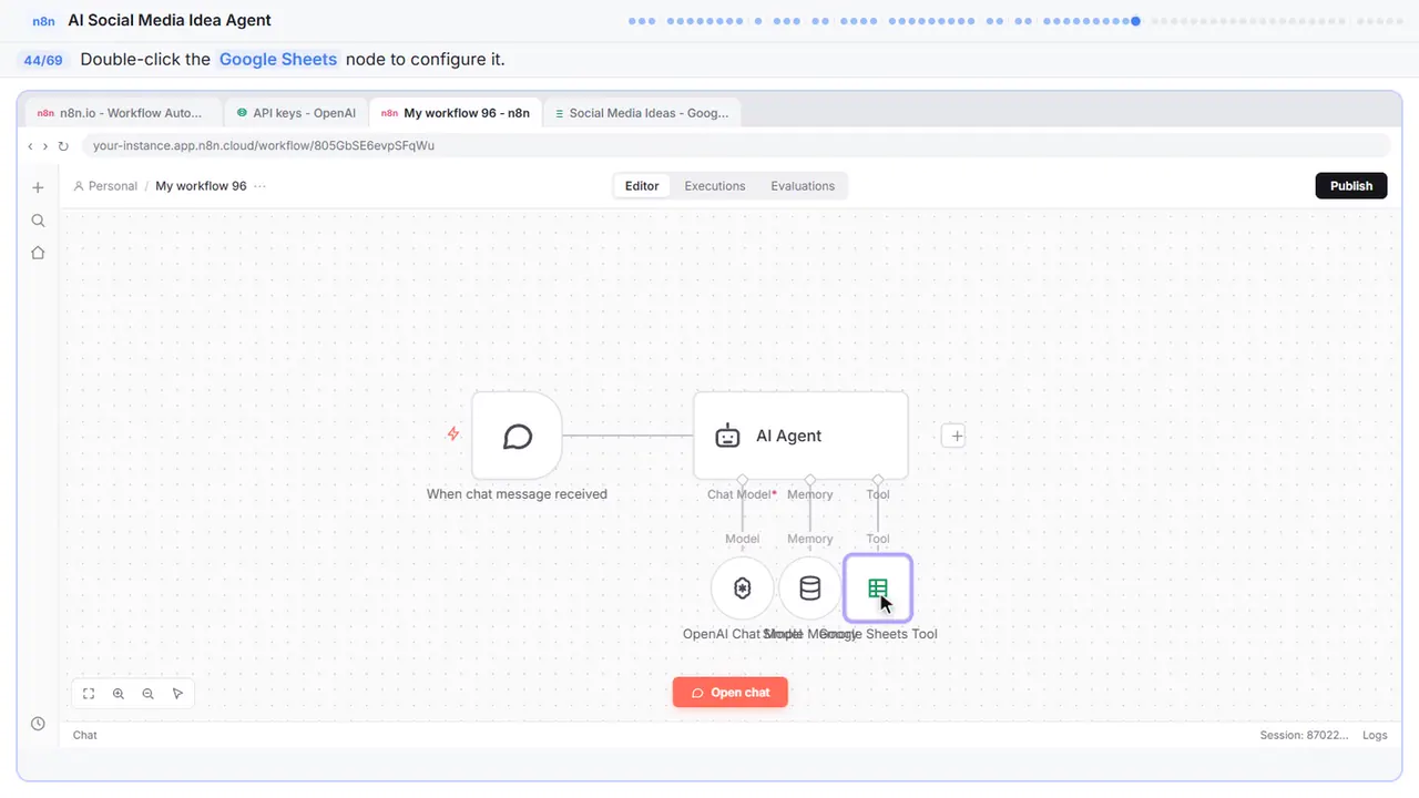 The n8n workflow canvas in Stepthrough’s practice copy, step 44 of 69 (Open the Sheets node): the cursor is on “Google Sheets”, highlighted.