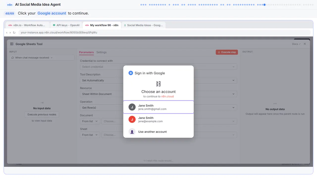 The Google sign-in window in Stepthrough’s practice copy, step 48 of 69 (Choose your account): the cursor is on “Google account”, highlighted.