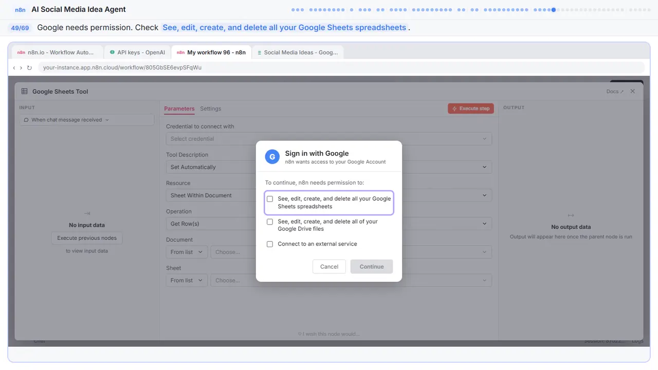 The Google sign-in window in Stepthrough’s practice copy, step 49 of 69 (Allow Sheets access): the cursor is on “See, edit, create, and delete all your Google Sheets…”, highlighted.