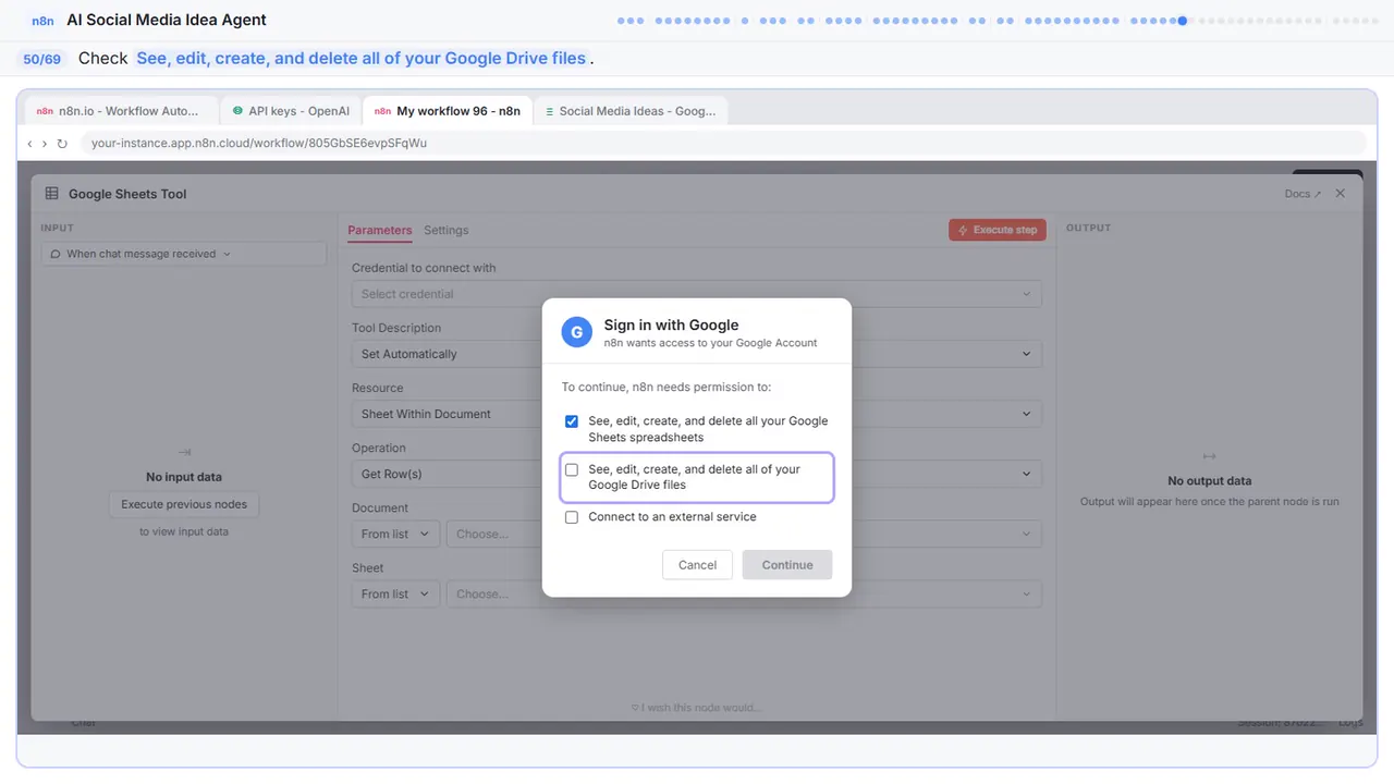 The Google sign-in window in Stepthrough’s practice copy, step 50 of 69 (Allow Drive access): the cursor is on “See, edit, create, and delete all of your Google Drive files”, highlighted.