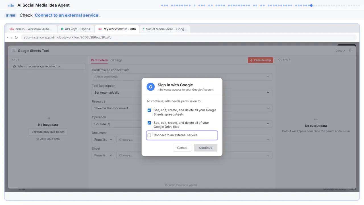 The Google sign-in window in Stepthrough’s practice copy, step 51 of 69 (Allow external service): the cursor is on “Connect to an external service”, highlighted.