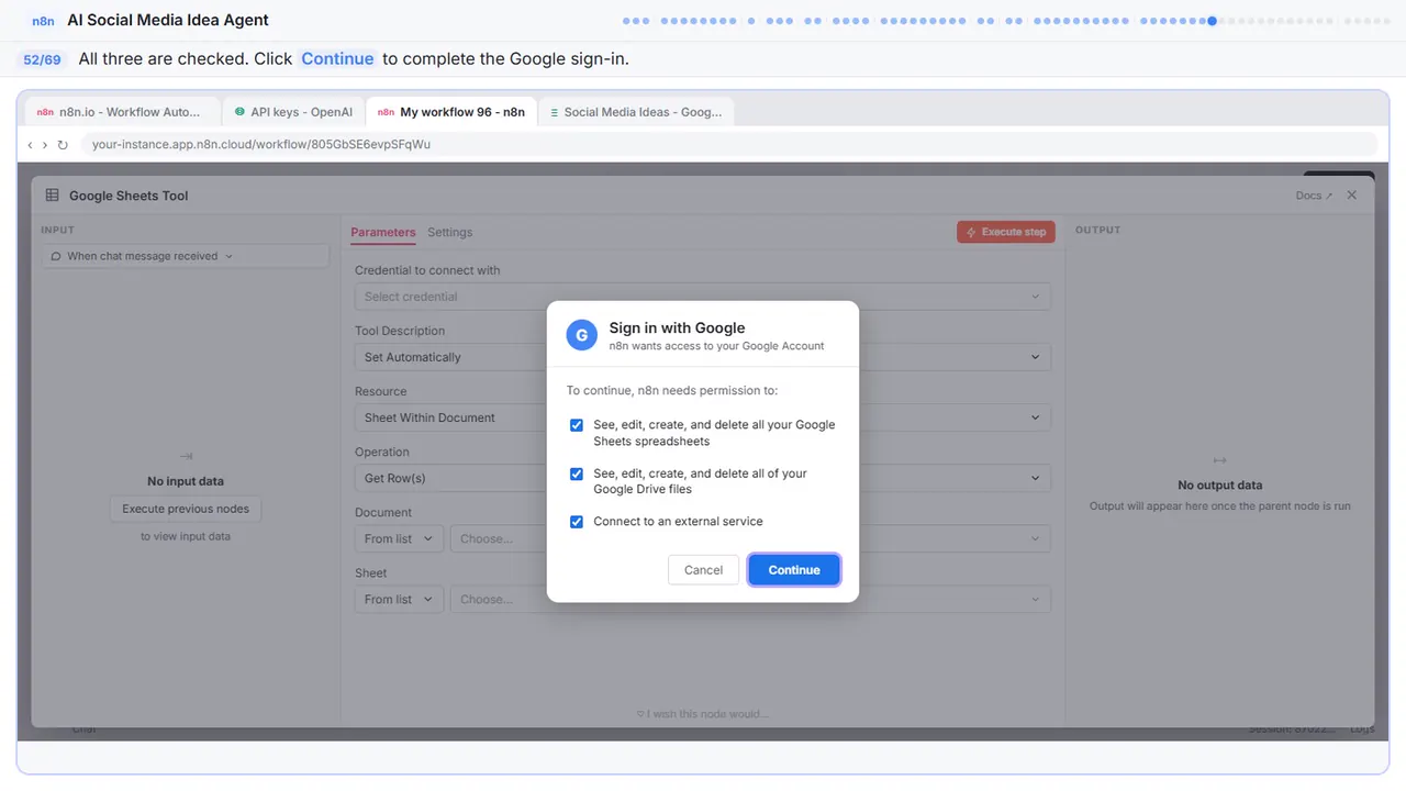 The Google sign-in window in Stepthrough’s practice copy, step 52 of 69 (Sign in): the cursor is on “Continue”, highlighted.