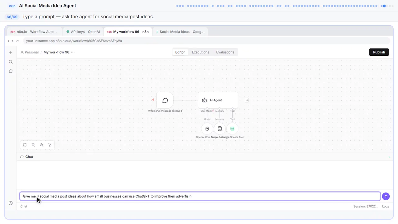 The n8n chat test panel in Stepthrough’s practice copy, step 66 of 69 (Ask for ideas): the prompt is filled in (“Give me 3 social media post ideas about how…”).