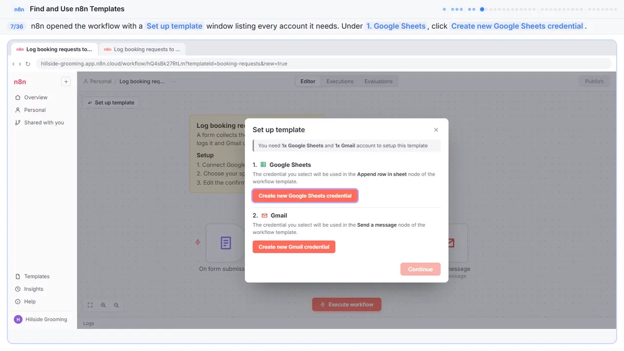 N8n’s Set up template window in Stepthrough’s practice copy, step 7 of 36 (Connect Google Sheets): the cursor is on “Set up template”, highlighted.