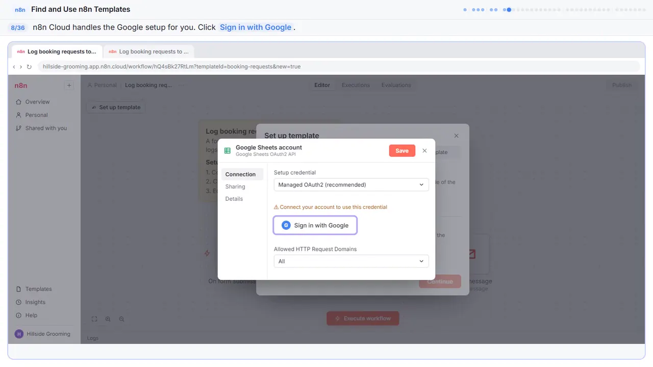 The Google sign-in window in Stepthrough’s practice copy, step 8 of 36 (Sign in with Google): the cursor is on “Sign in with Google”, highlighted.