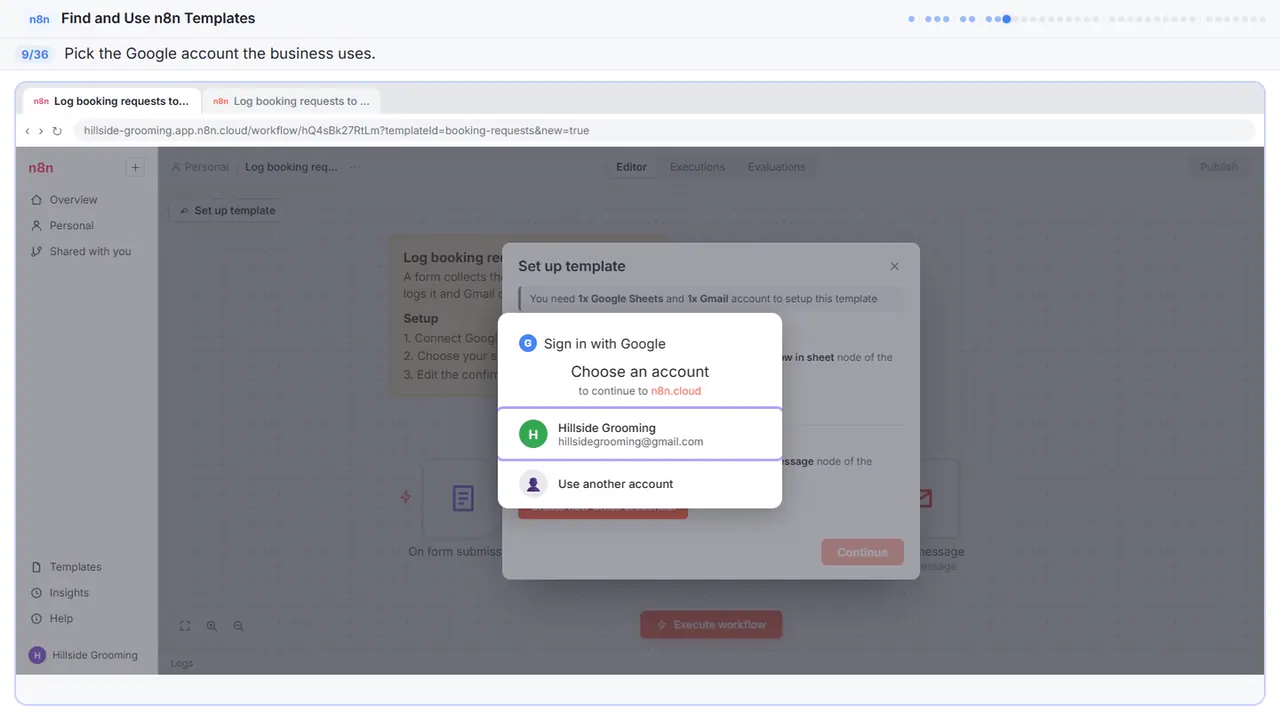 The Google sign-in window in Stepthrough’s practice copy, step 9 of 36 (Choose your account): the cursor is on “your account”, highlighted.