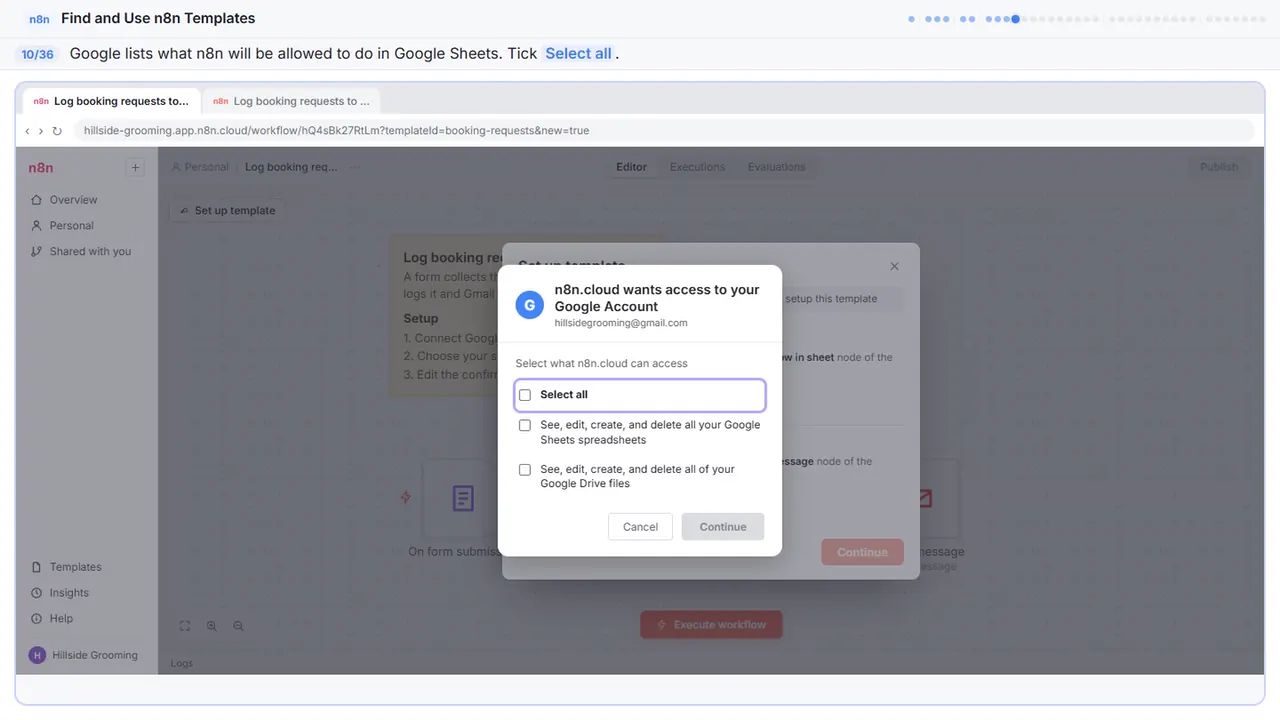 The Google sign-in window in Stepthrough’s practice copy, step 10 of 36 (Allow access): the cursor is on “Select all”, highlighted.