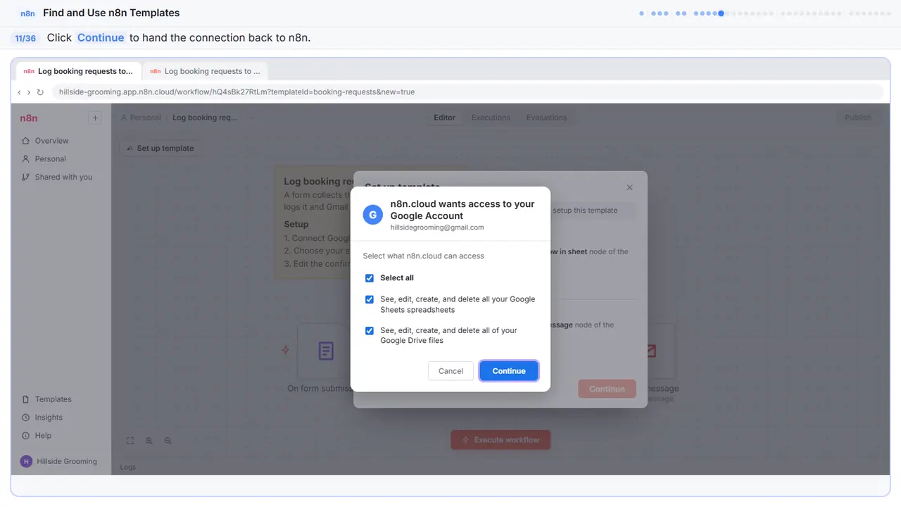 The Google sign-in window in Stepthrough’s practice copy, step 11 of 36 (Continue): the cursor is on “Continue”, highlighted.