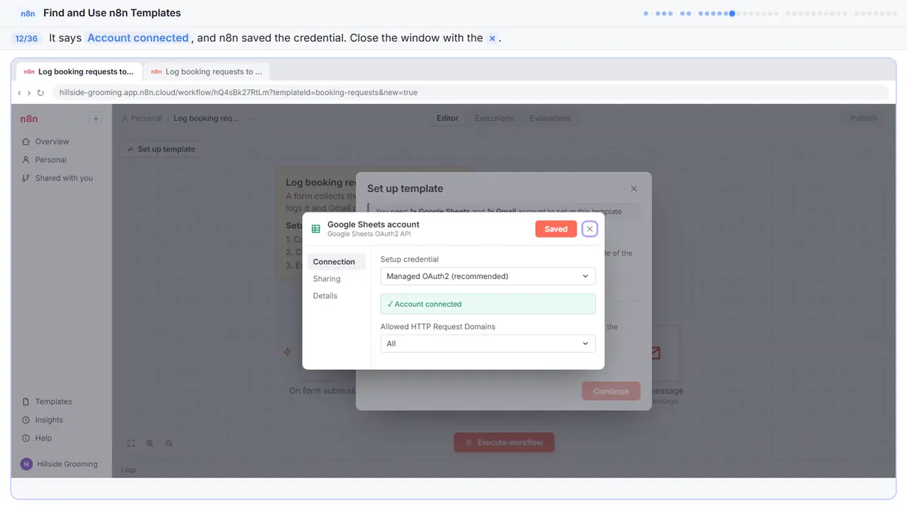 The n8n credential window in Stepthrough’s practice copy, step 12 of 36 (Close the credential): the cursor is on “Account connected”, highlighted.
