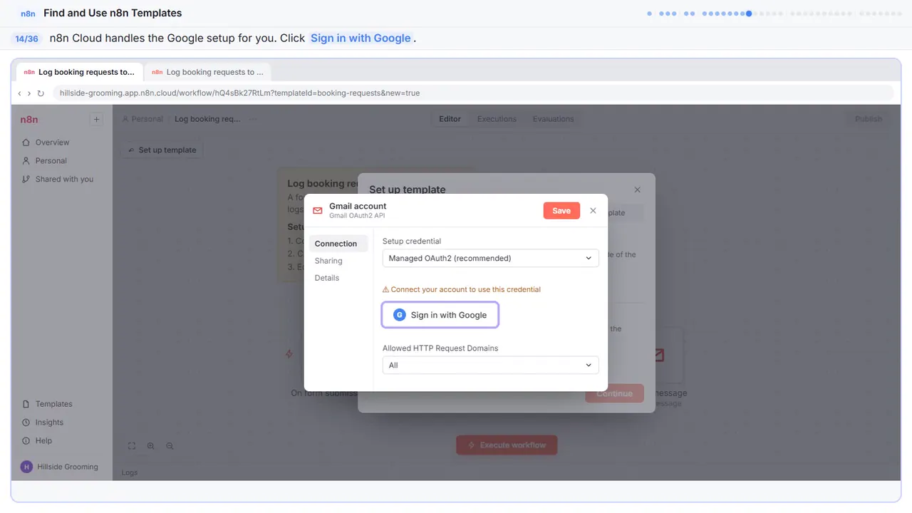 The Google sign-in window in Stepthrough’s practice copy, step 14 of 36 (Sign in with Google): the cursor is on “Sign in with Google”, highlighted.