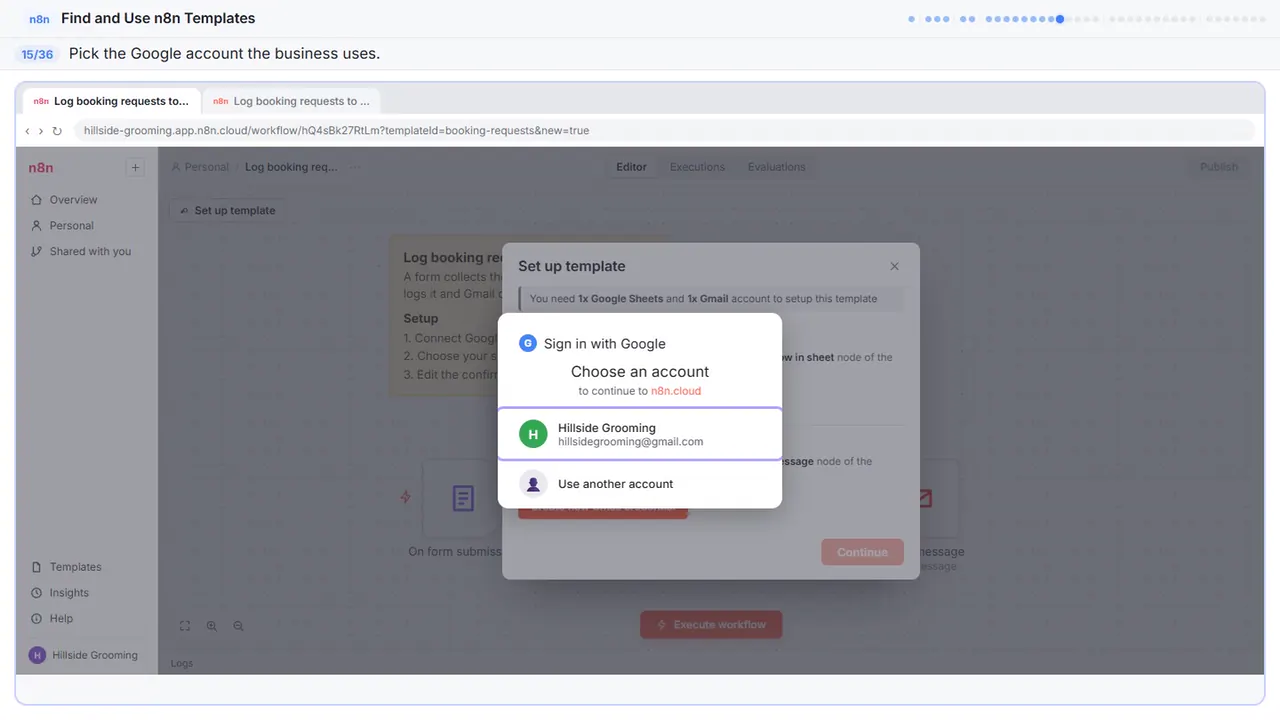 The Google sign-in window in Stepthrough’s practice copy, step 15 of 36 (Choose your account): the cursor is on “your account”, highlighted.
