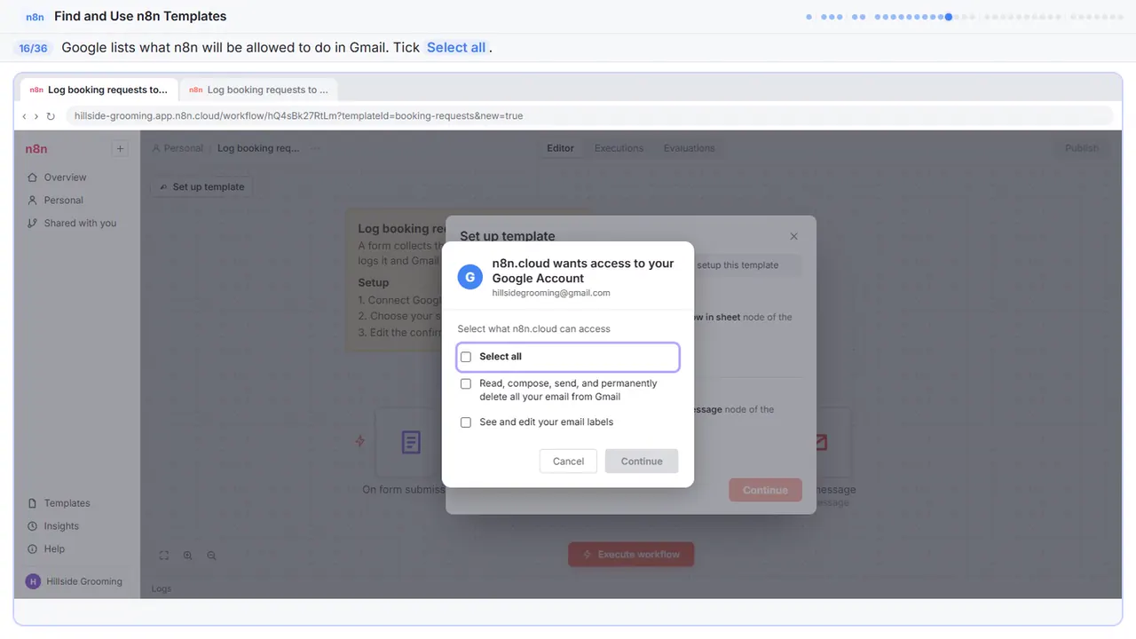 The Google sign-in window in Stepthrough’s practice copy, step 16 of 36 (Allow access): the cursor is on “Select all”, highlighted.