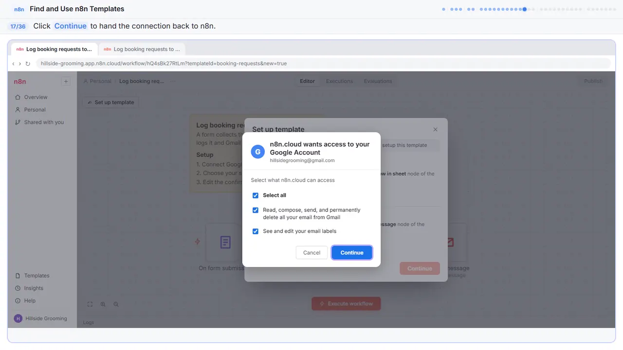 The Google sign-in window in Stepthrough’s practice copy, step 17 of 36 (Continue): the cursor is on “Continue”, highlighted.