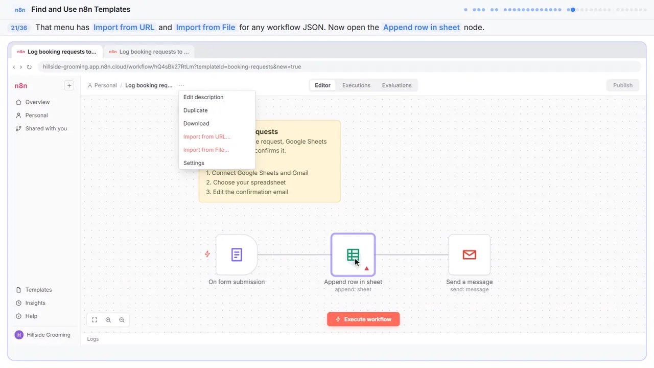 The n8n workflow canvas in Stepthrough’s practice copy, step 21 of 36 (Open the Sheets step): the cursor is on “Import from URL”, highlighted.