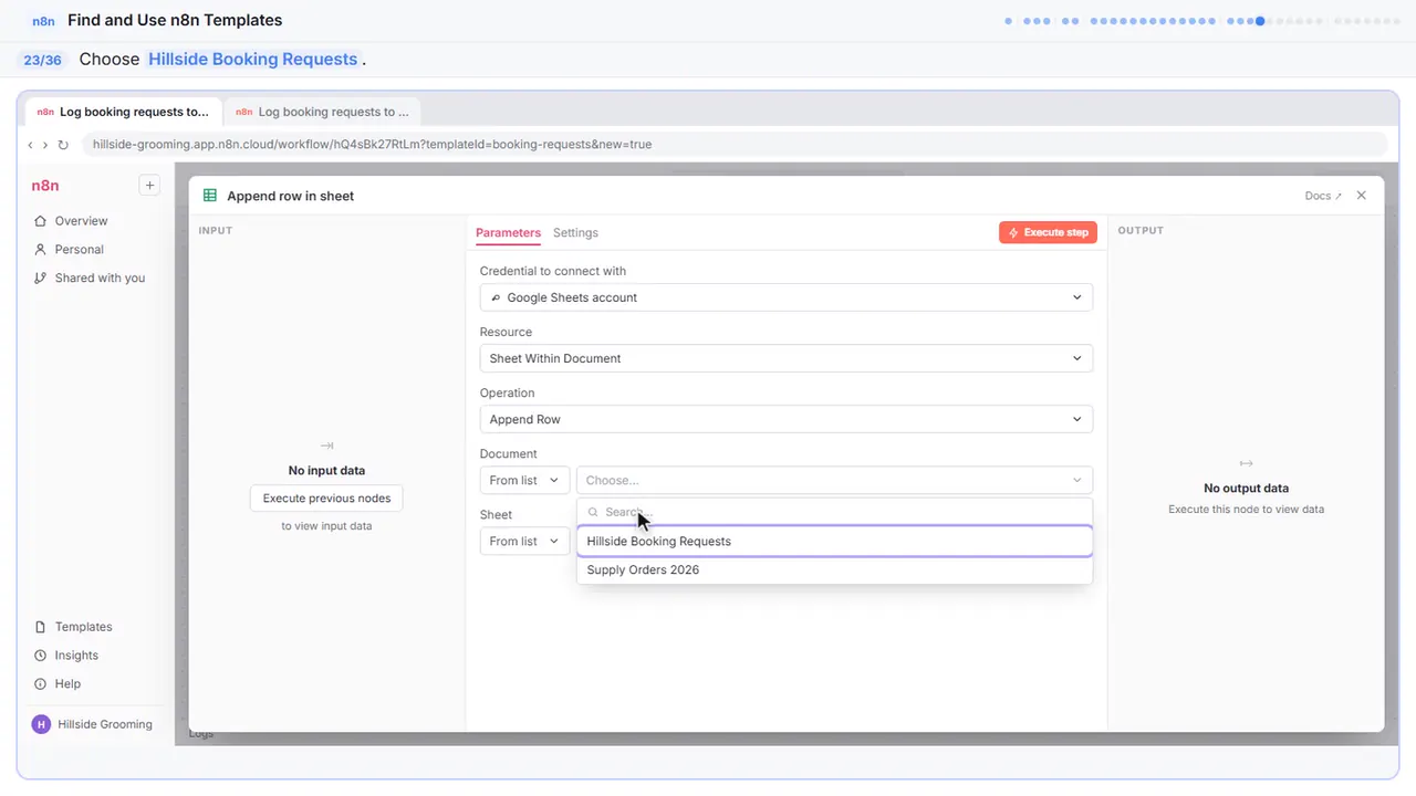 A dropdown menu in n8n in Stepthrough’s practice copy, step 23 of 36 (Pick the booking sheet): the cursor is on “Hillside Booking Requests”, highlighted.