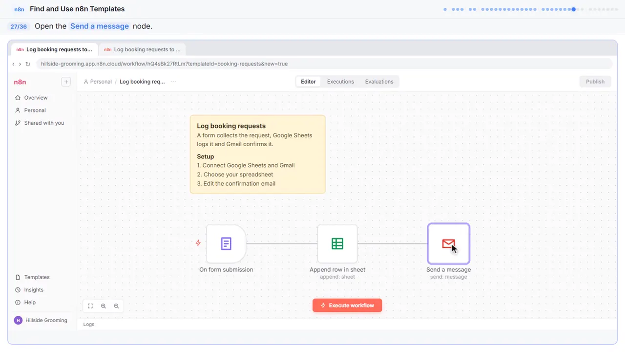The n8n workflow canvas in Stepthrough’s practice copy, step 27 of 36 (Open the Gmail step): the cursor is on “Send a message”, highlighted.