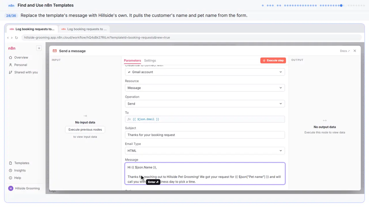 An n8n node’s settings window in Stepthrough’s practice copy, step 28 of 36 (Write your message): the message is filled in (“Hi {{ $json.Name }}, Thanks for reaching out…”).