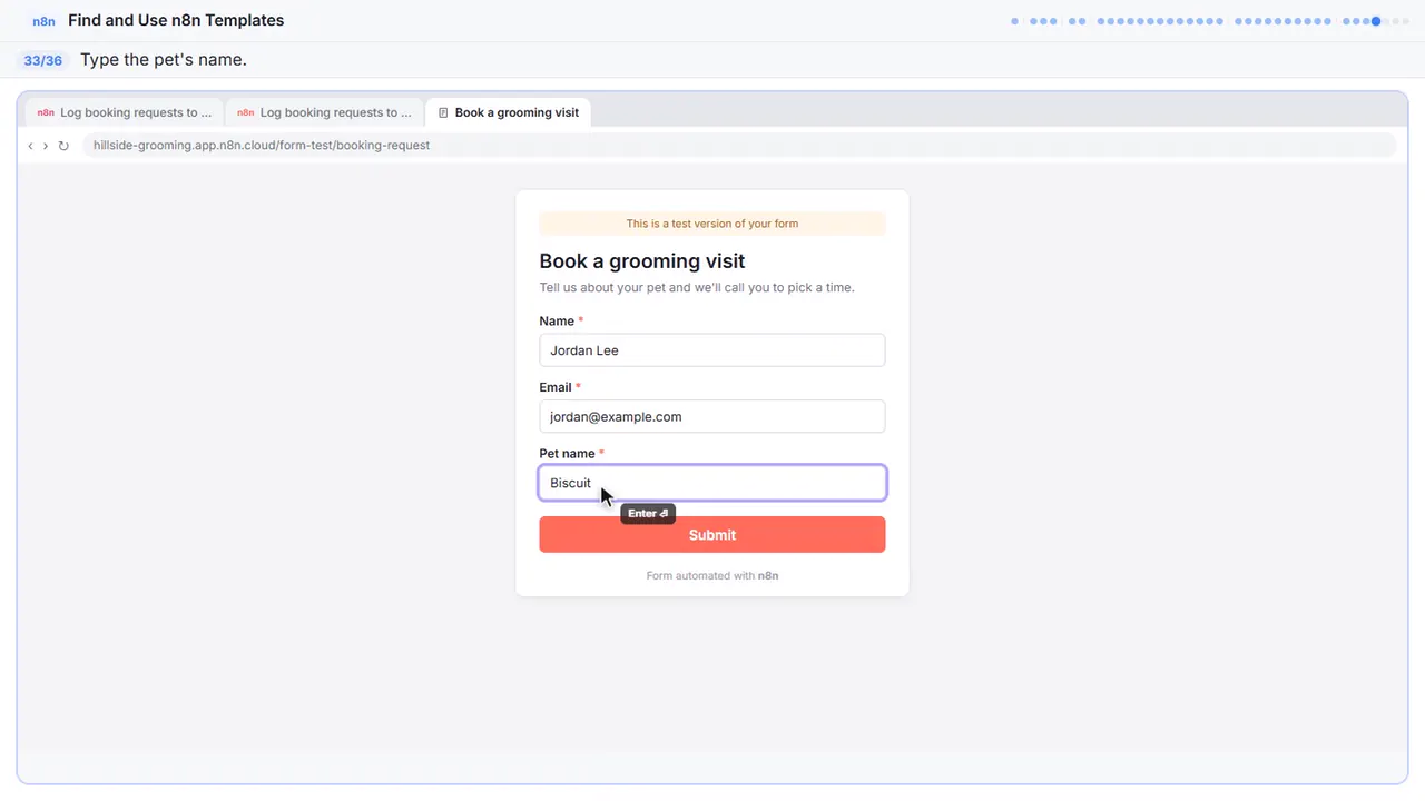 The Lovable app preview in Stepthrough’s practice copy, step 33 of 36 (Pet's name): the text is filled in (“Biscuit”).