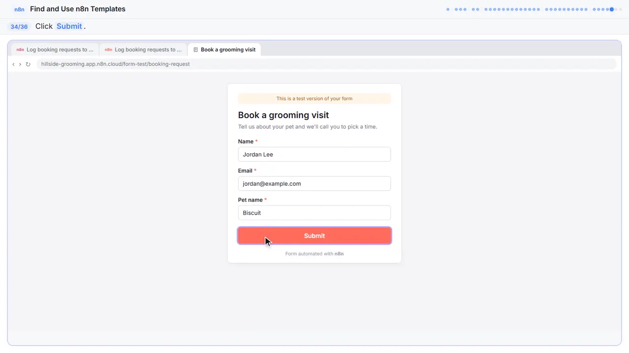 The Lovable app preview in Stepthrough’s practice copy, step 34 of 36 (Submit): the cursor is on “Submit”, highlighted.
