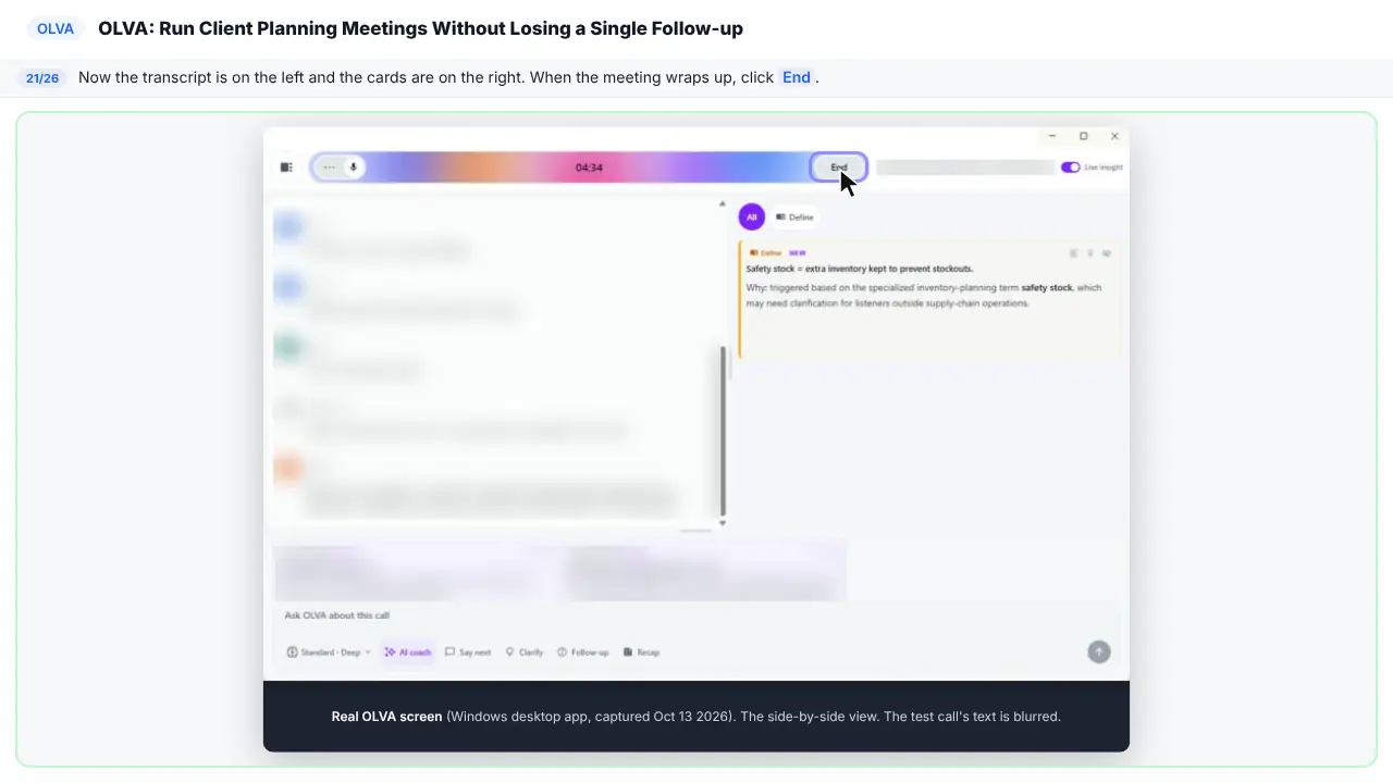 OLVA in Stepthrough’s practice copy, step 21 of 26 (End the meeting): the cursor is on “End”, highlighted.