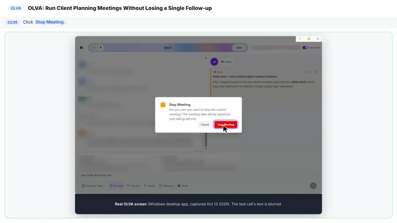 OLVA in Stepthrough’s practice copy, step 22 of 26 (Stop the meeting): the cursor is on “Stop Meeting”, highlighted.
