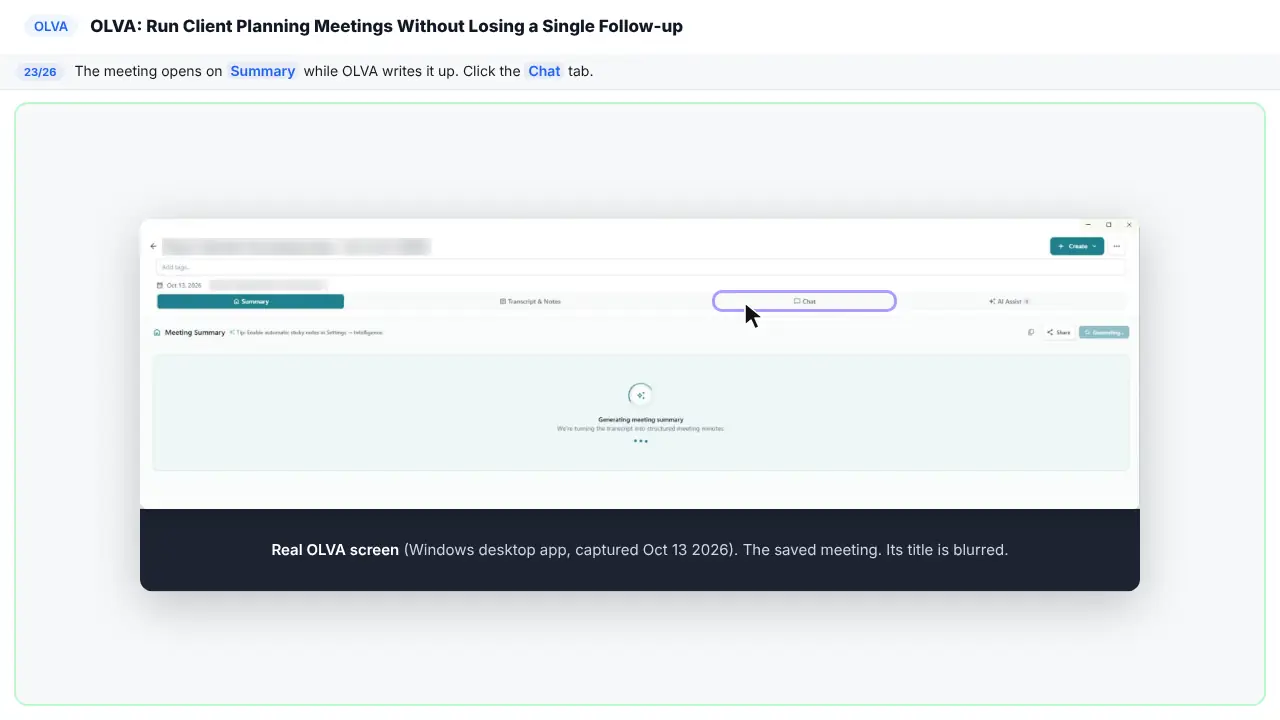 OLVA in Stepthrough’s practice copy, step 23 of 26 (Open the meeting chat): the cursor is on “Chat”, highlighted.