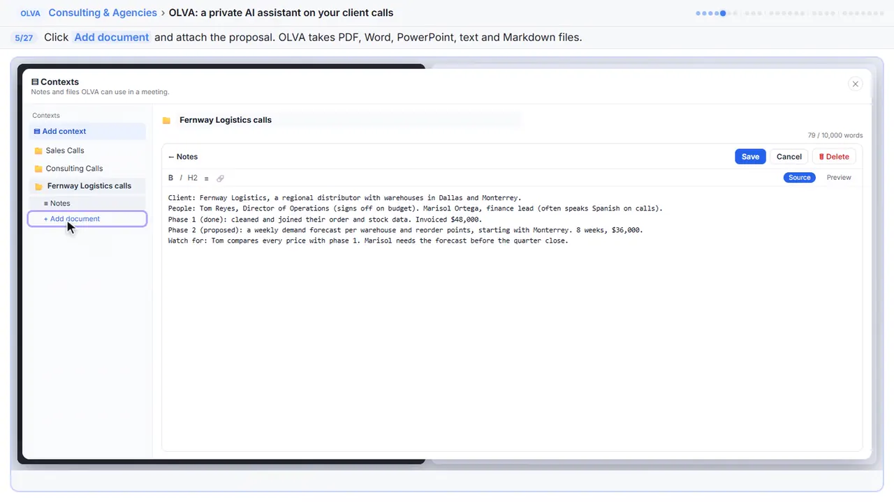 OLVA in Stepthrough’s practice copy, step 5 of 27 (Attach the proposal): the cursor is on “Add document”, highlighted.