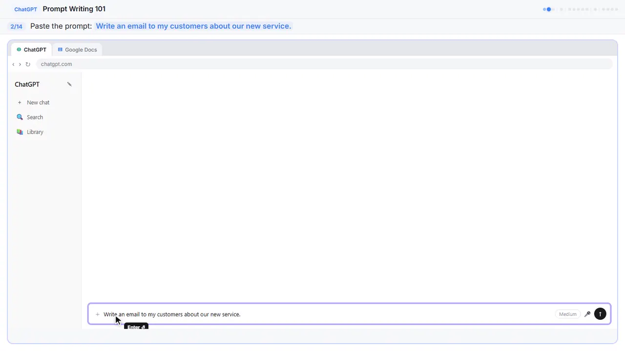 ChatGPT in Stepthrough’s practice copy, step 2 of 14 (Paste a vague prompt): the prompt is filled in (“Write an email to my customers about our new…”).