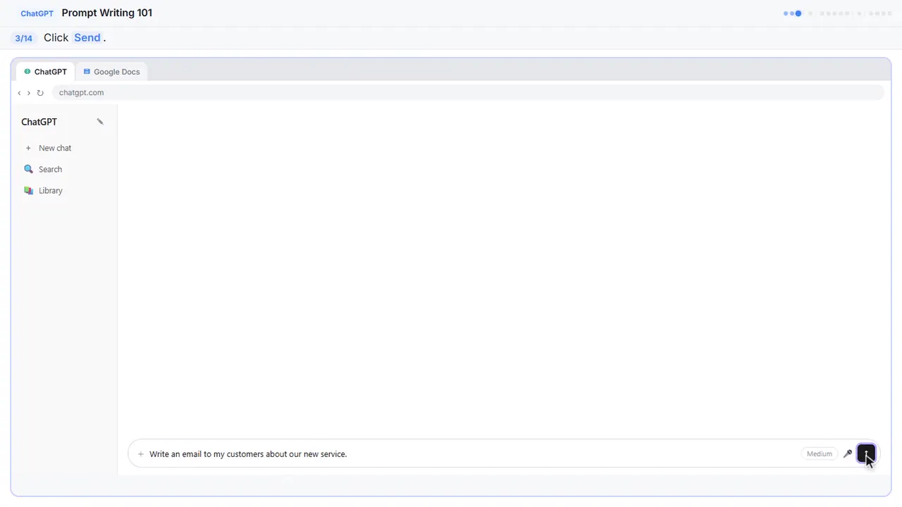 ChatGPT in Stepthrough’s practice copy, step 3 of 14 (Send the message): the cursor is on “Send”, highlighted.