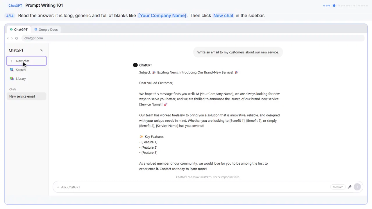 ChatGPT in Stepthrough’s practice copy, step 4 of 14 (Start a new chat): the cursor is on “[Your Company Name]”, highlighted.