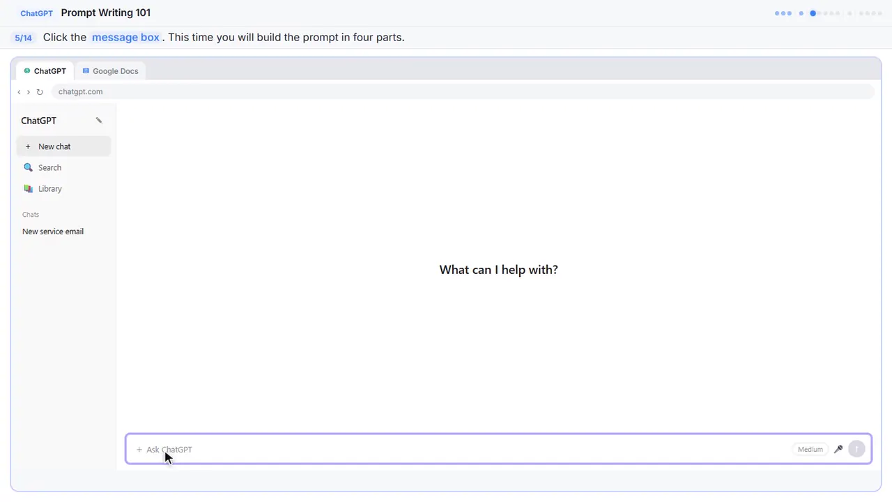 ChatGPT in Stepthrough’s practice copy, step 5 of 14 (Click the message box): the cursor is on “message box”, highlighted.