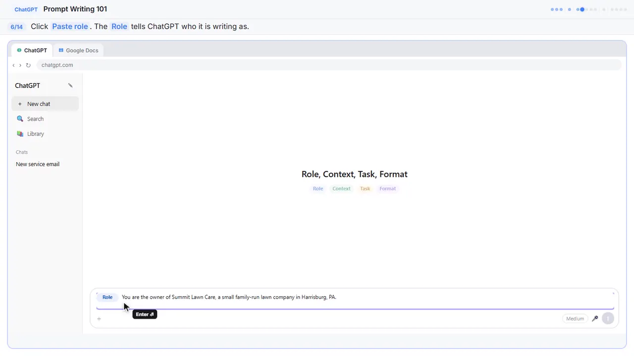 ChatGPT in Stepthrough’s practice copy, step 6 of 14 (Add the role): the role is filled in (“You are the owner of Summit Lawn Care, a small…”).