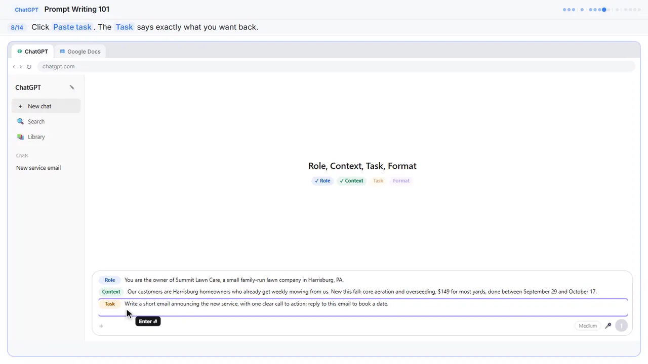 ChatGPT in Stepthrough’s practice copy, step 8 of 14 (Add the task): the task is filled in (“Write a short email announcing the new…”).