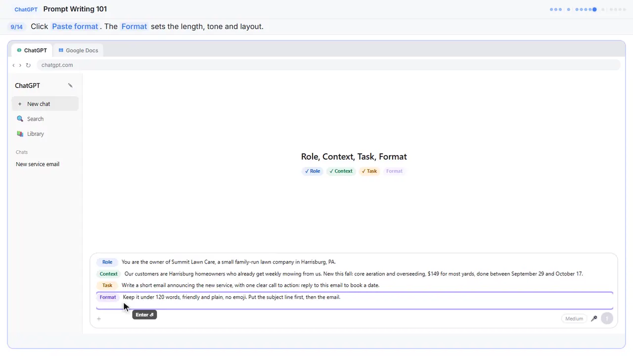 ChatGPT in Stepthrough’s practice copy, step 9 of 14 (Add the format): the format is filled in (“Keep it under 120 words, friendly and plain,…”).