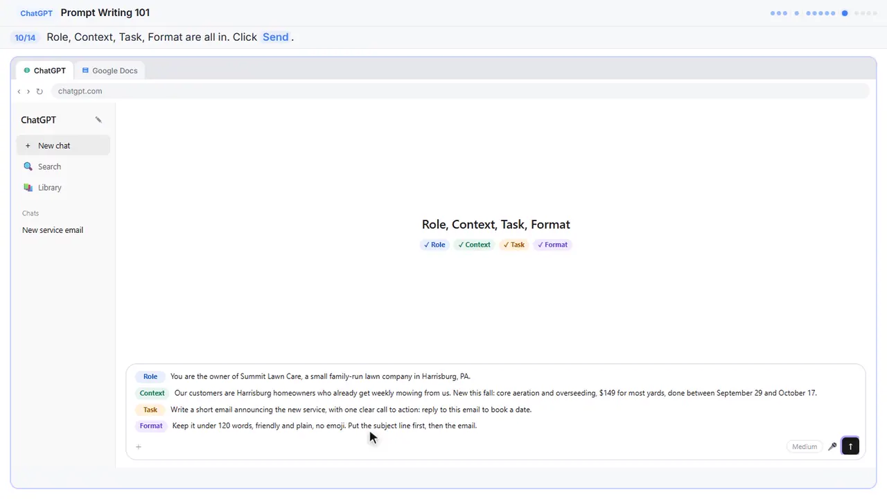 ChatGPT in Stepthrough’s practice copy, step 10 of 14 (Send the structured prompt): the cursor is on “Send”, highlighted.