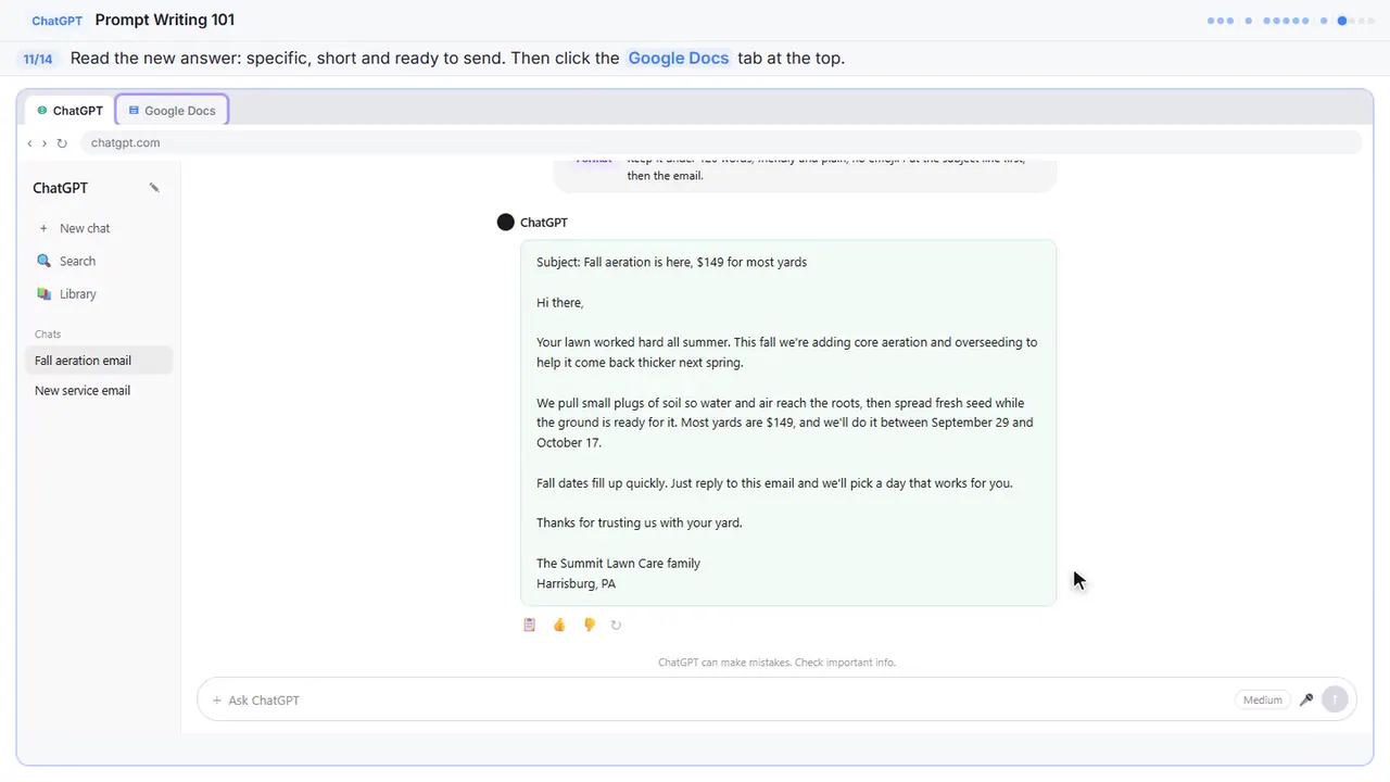 ChatGPT in Stepthrough’s practice copy, step 11 of 14 (Open the Google Docs tab): the cursor is on “Google Docs”, highlighted.