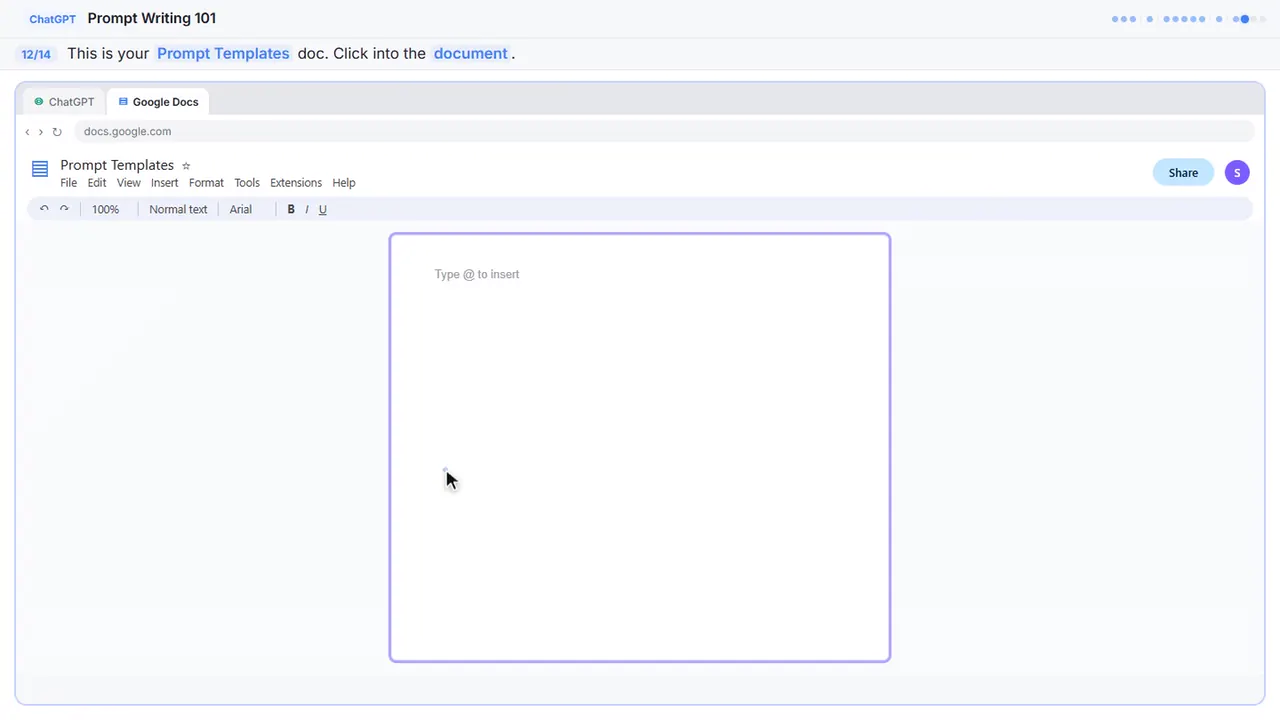 Google Docs in Stepthrough’s practice copy, step 12 of 14 (Click into the document): the cursor is on “Prompt Templates”, highlighted.