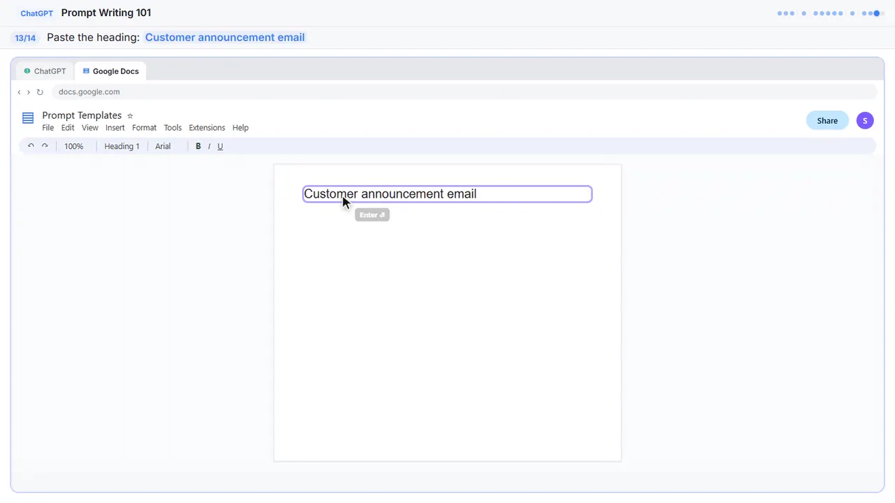 Google Docs in Stepthrough’s practice copy, step 13 of 14 (Add a heading): the heading is filled in (“Customer announcement email”).