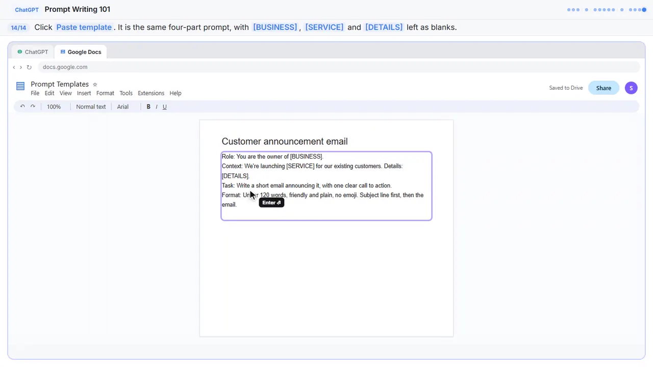 Google Docs in Stepthrough’s practice copy, step 14 of 14 (Paste the template): the template is filled in (“Role: You are the owner of [BUSINESS].…”).
