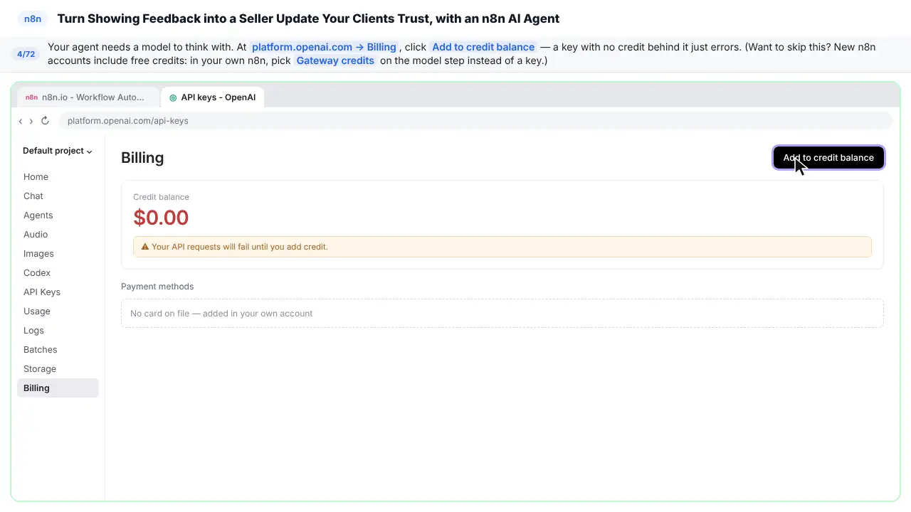 The OpenAI platform billing page in Stepthrough’s practice copy, step 4 of 72 (Add credit first): the cursor is on “Add to credit balance”, highlighted.