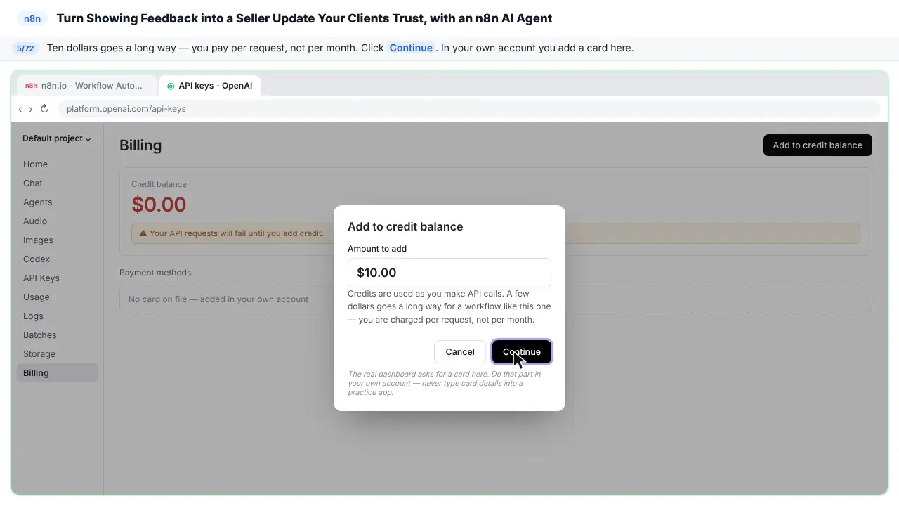 The OpenAI platform billing page in Stepthrough’s practice copy, step 5 of 72 (Ten dollars is plenty): the cursor is on “Continue”, highlighted.