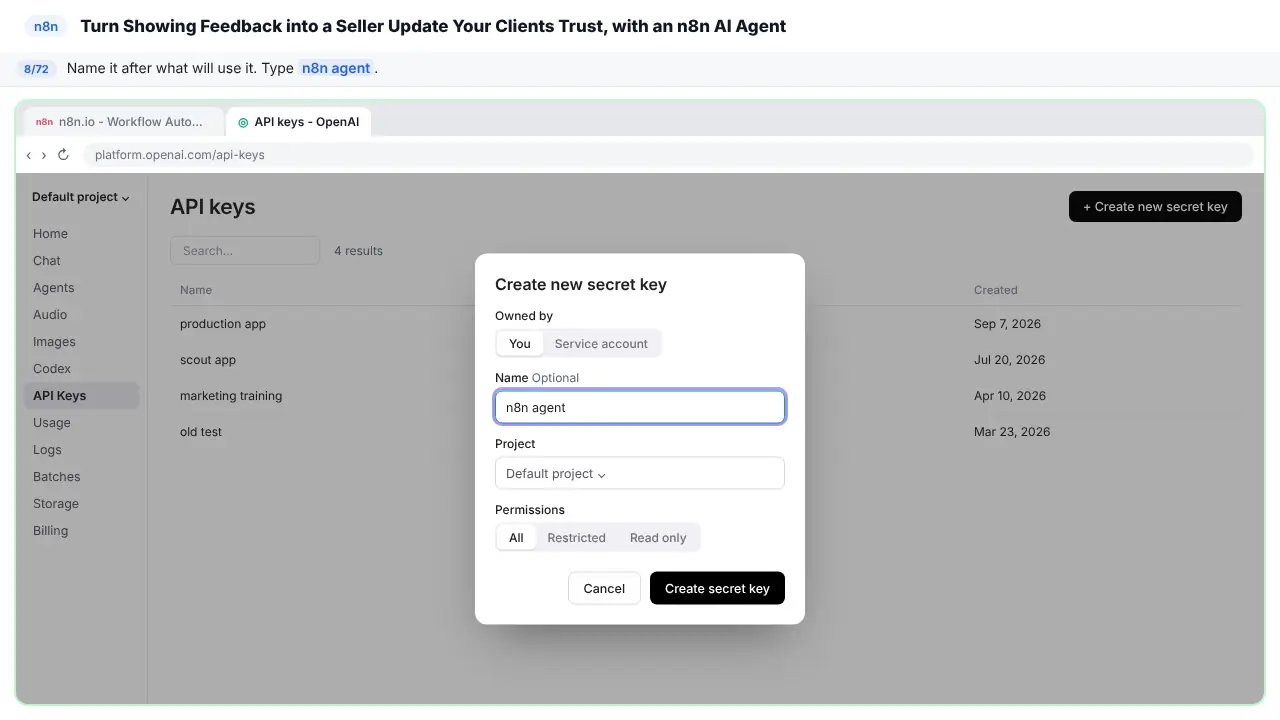 The OpenAI API keys page in Stepthrough’s practice copy, step 8 of 72 (Name the key): “n8n agent” is typed in, highlighted.