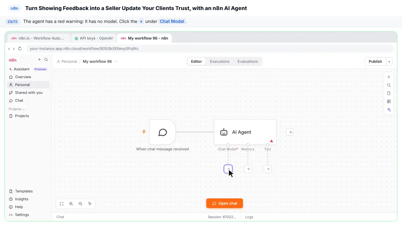 The n8n workflow canvas in Stepthrough’s practice copy, step 23 of 72 (Give the agent a brain): the cursor is on “+”, highlighted.