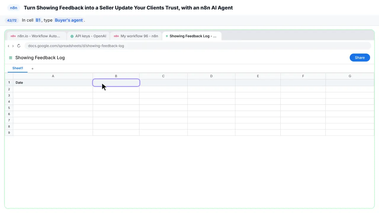 Google Sheets in Stepthrough’s practice copy, step 42 of 72 (Buyer's agent): the cursor is on “B1”, highlighted.