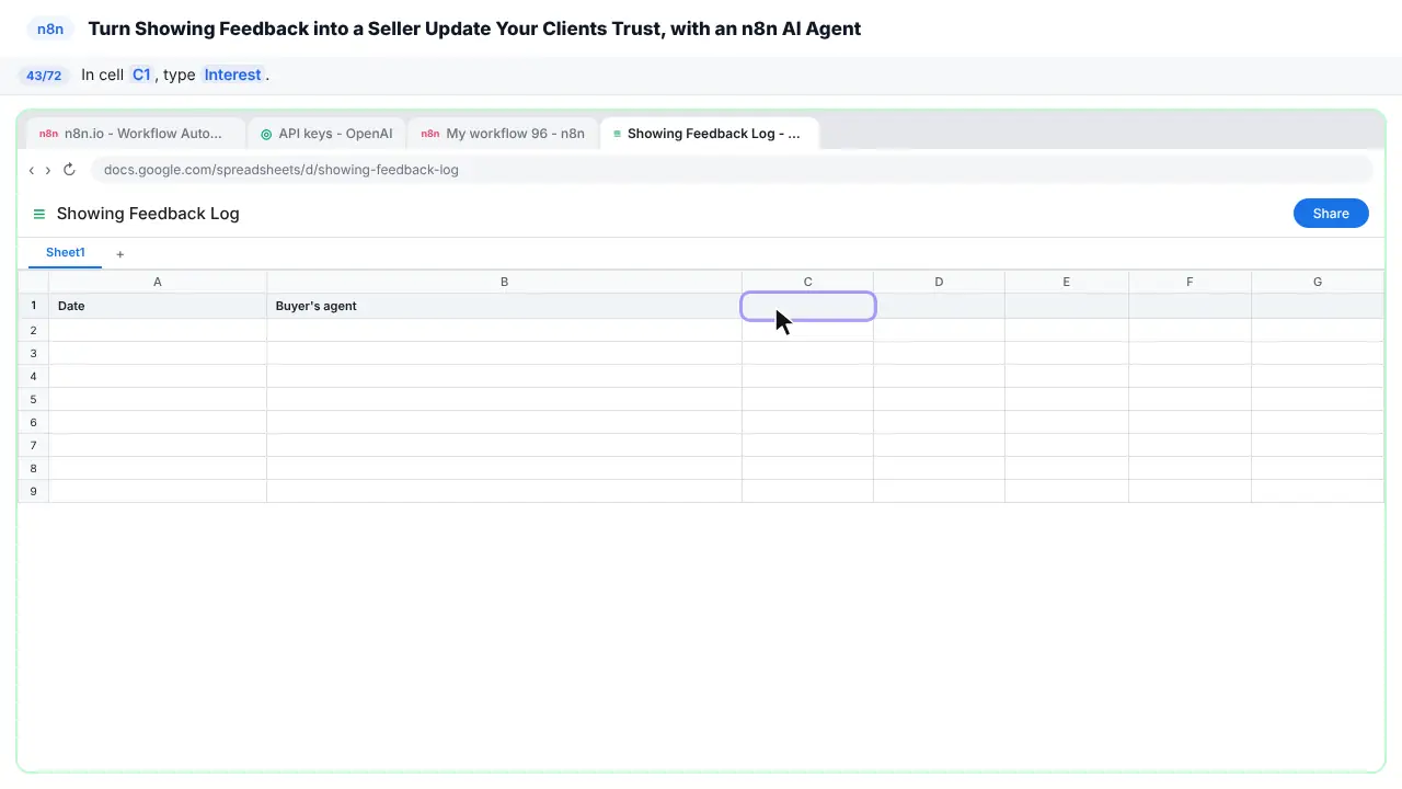 Google Sheets in Stepthrough’s practice copy, step 43 of 72 (Interest): the cursor is on “C1”, highlighted.