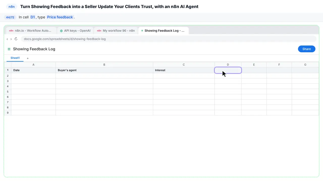 Google Sheets in Stepthrough’s practice copy, step 44 of 72 (Price feedback): the cursor is on “D1”, highlighted.