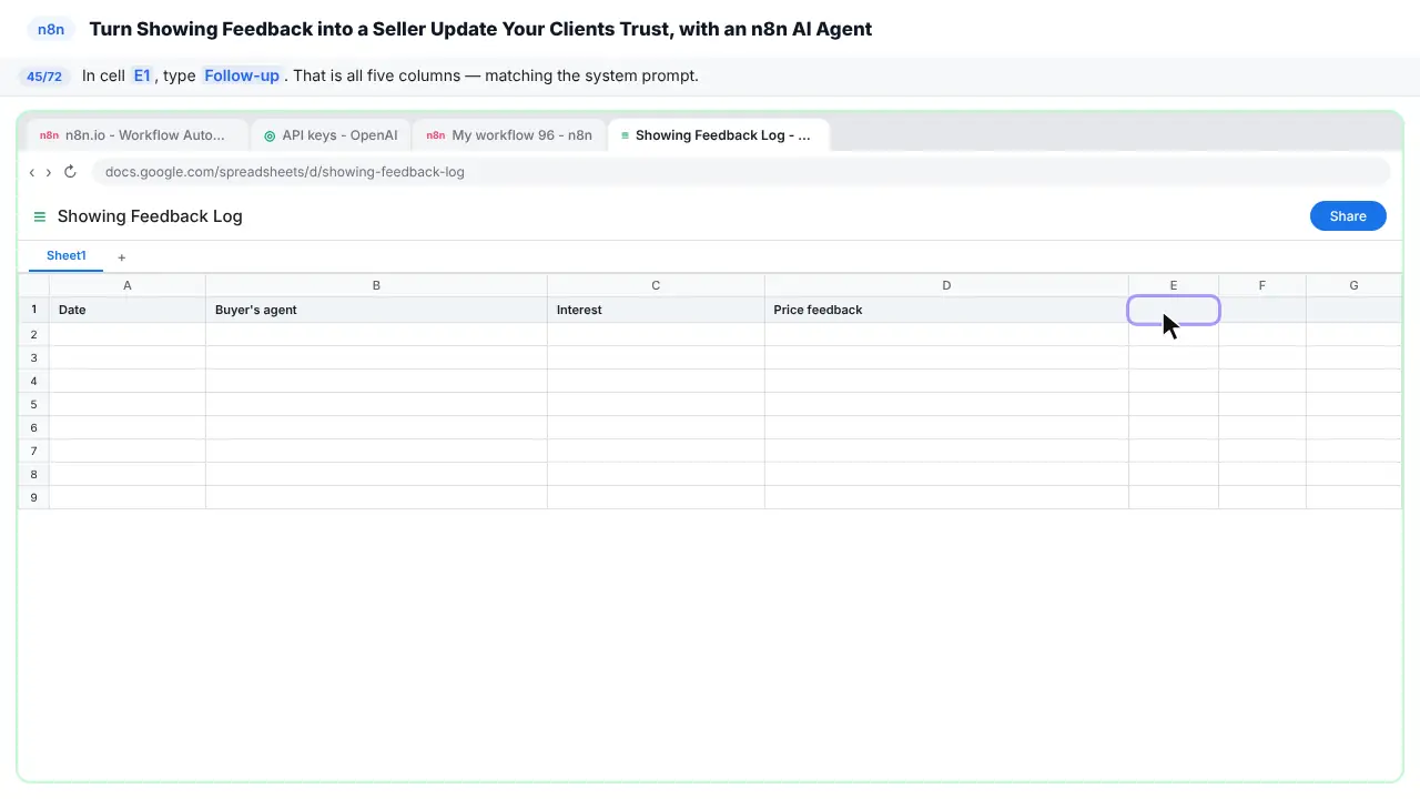 Google Sheets in Stepthrough’s practice copy, step 45 of 72 (Follow-up): the cursor is on “E1”, highlighted.